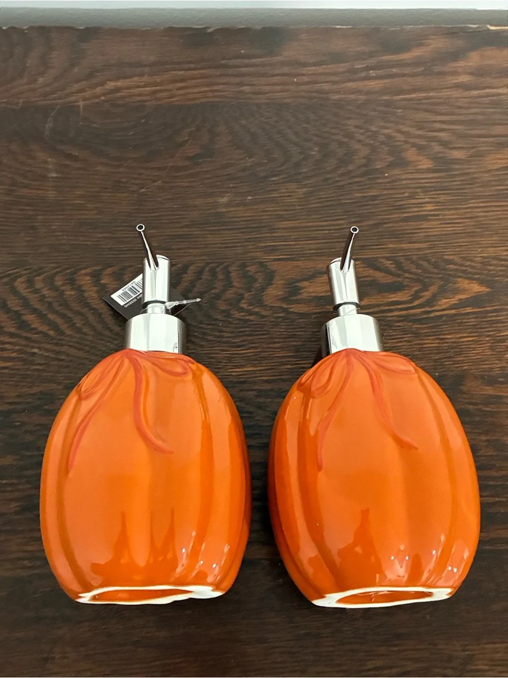 NWT- Set of 2- Orange Ceramic Pumpkin Soap Dispensers w/ Ribbons 18oz